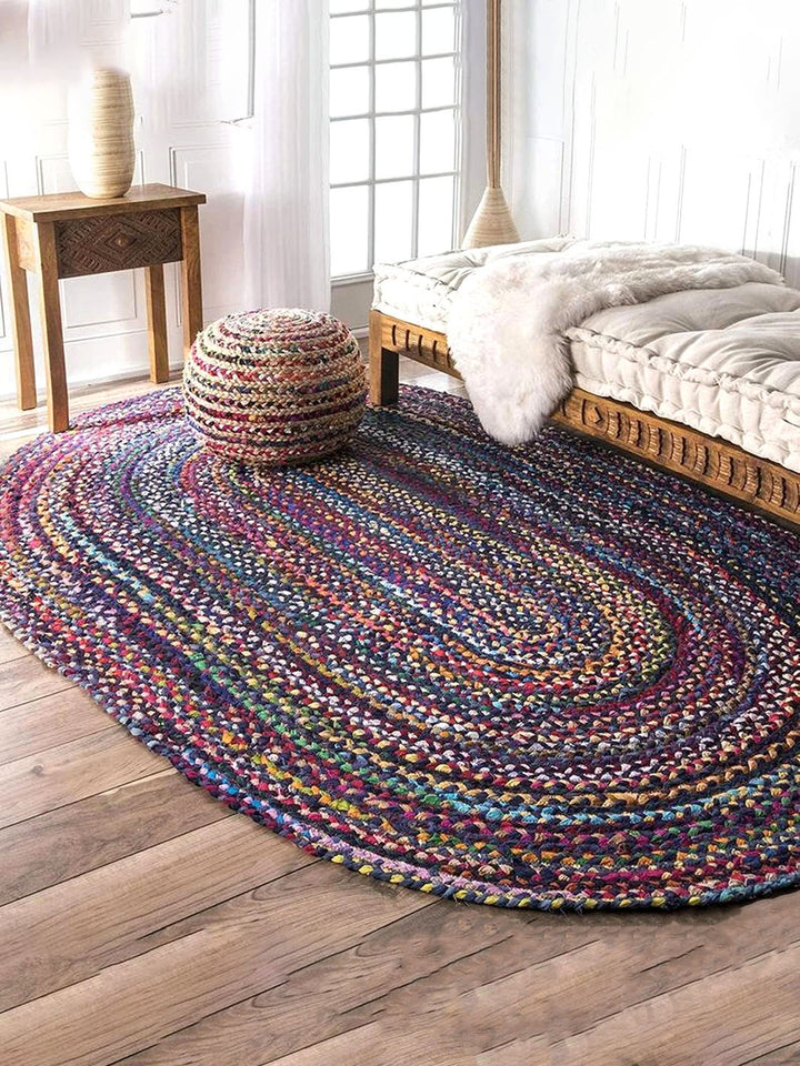 Handcrafted Colorful Bohemian Braided Rounded Cotton Rug Chouhan Rugs CRH0252-3