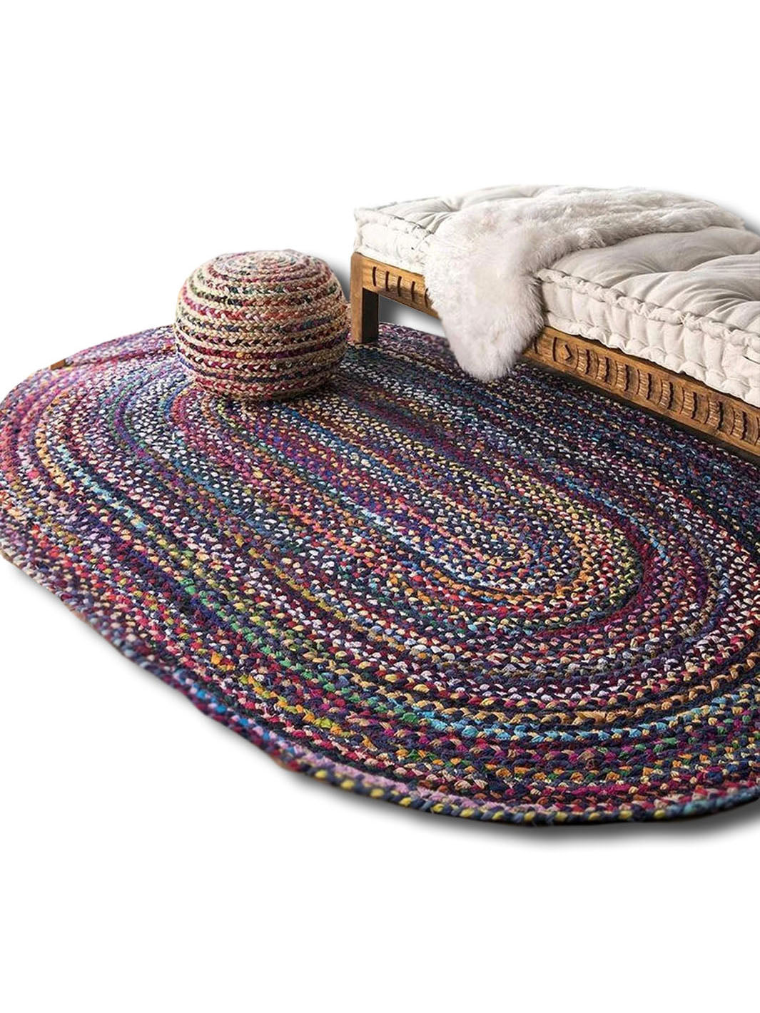 Handcrafted Colorful Bohemian Braided Rounded Cotton Rug Chouhan Rugs CRH0252