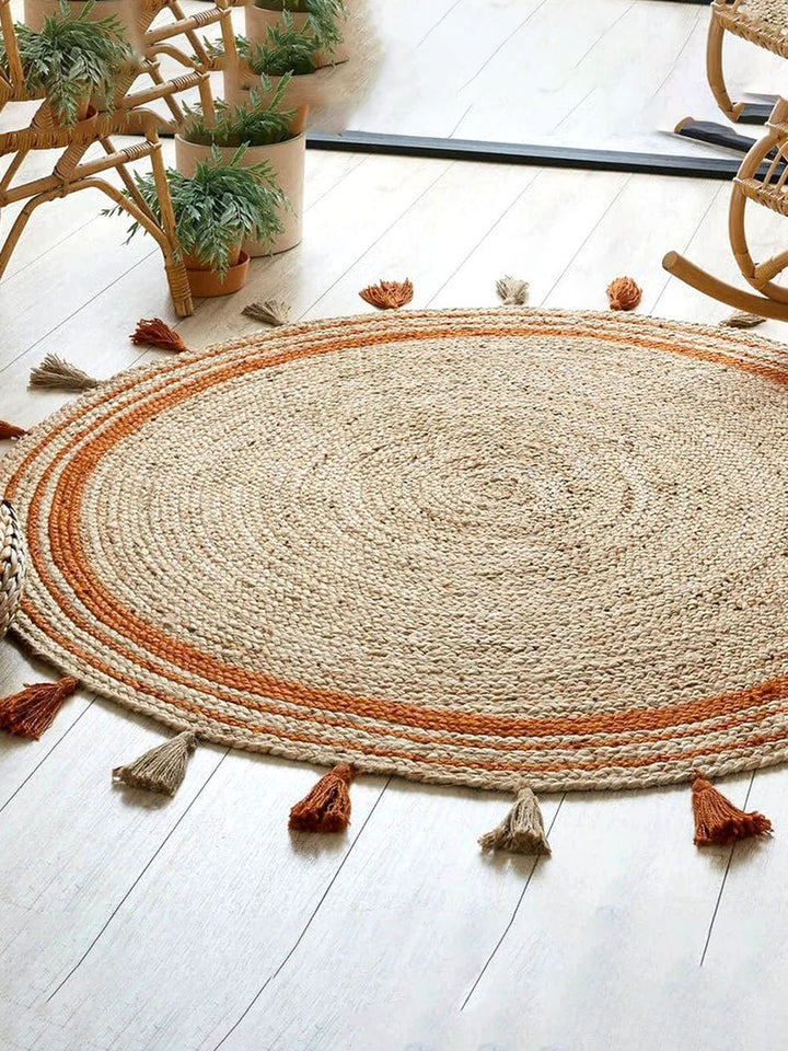 Hand-Braided Vintage Rounded Moroccan Jute Rug w/ Fringes
