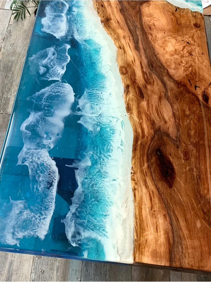 Handmade Live Edge Ocean Waves Themed Epoxy Coffee Table
