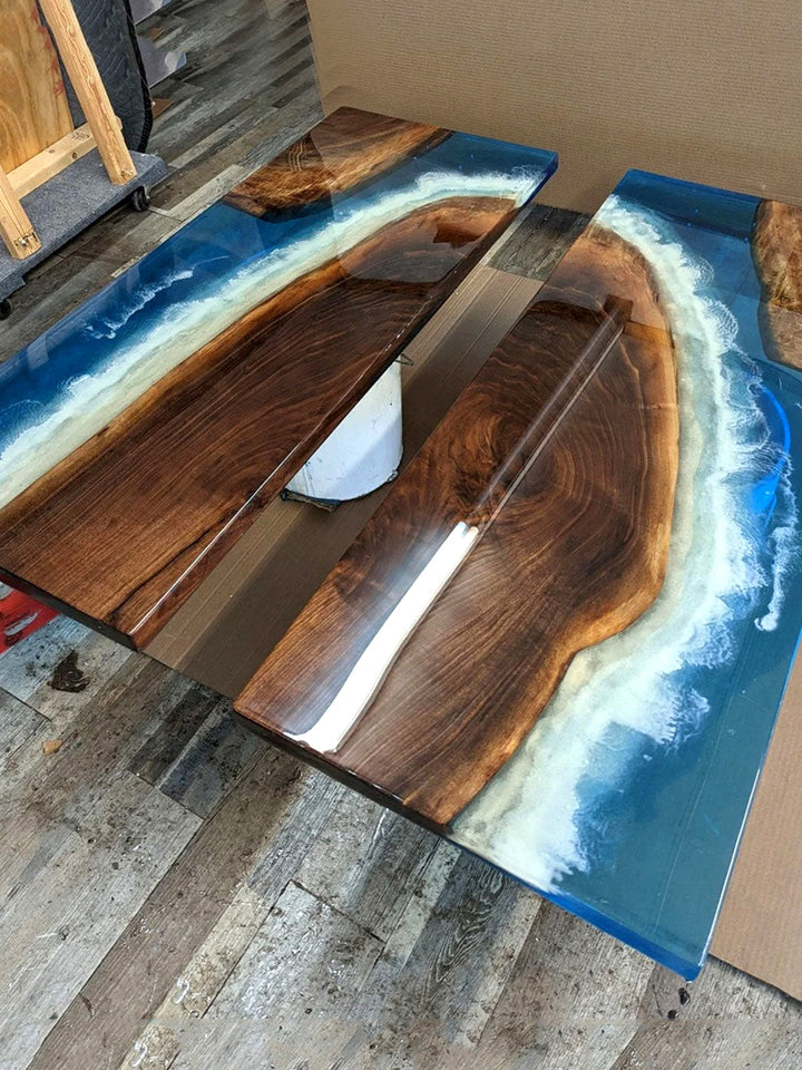 Handmade Live Edge Ocean Waves Themed Epoxy Coffee Table