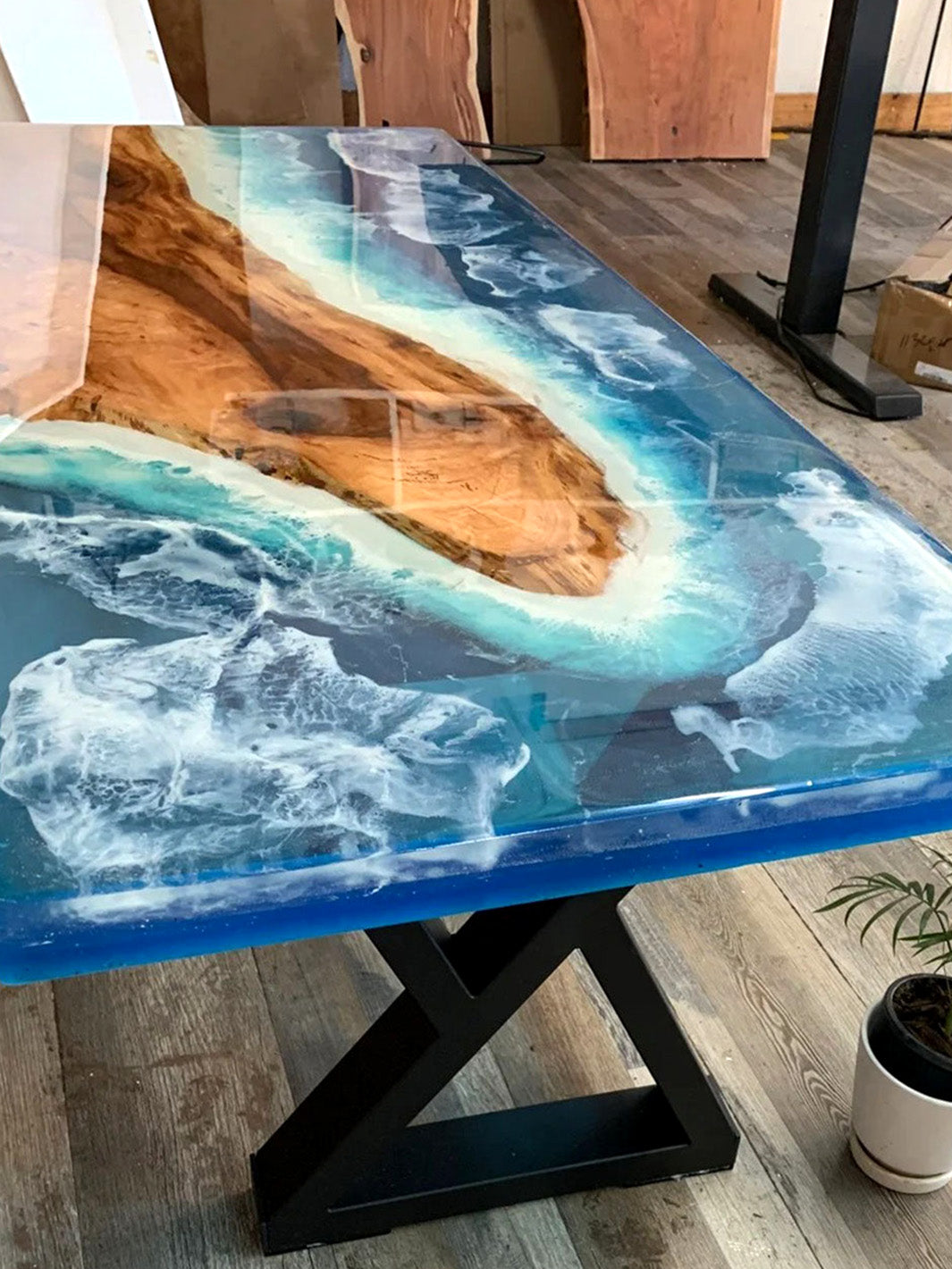 Ocean Wave Epoxy Dining Table, River Table Top Walnut Wood Table