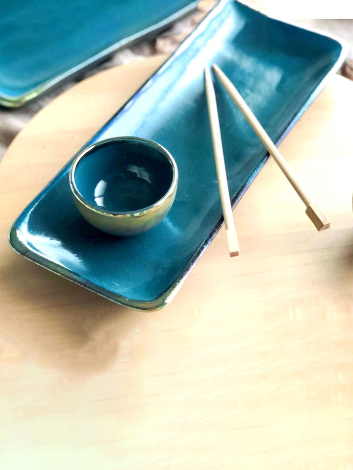 Handcrafted Artistic Ceramic Sushi Plate Set in Peacock Blue Deco Plates DCB0015-6
