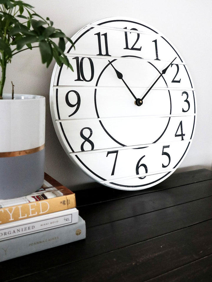 White Lightly Distressed Large Wall Clock with Black Numbers (in stock) Earthly Comfort Clocks ECH1200-6