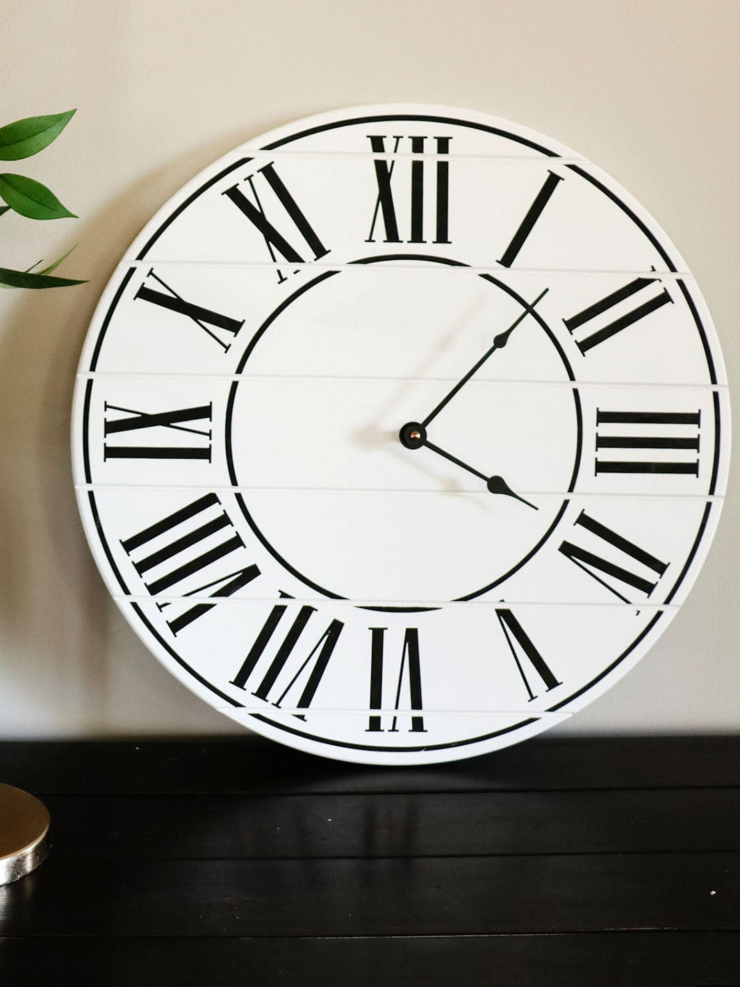 White Lightly Distressed Large Wall Clock Black Roman Numerals Earthly Comfort Clocks ECH1201-2