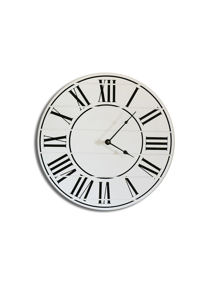 White Lightly Distressed Large Wall Clock Black Roman Numerals Earthly Comfort Clocks ECH1201