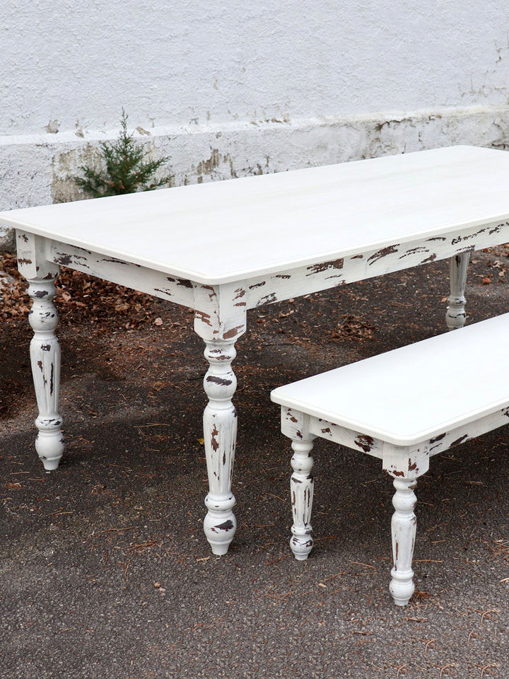 White Farmhouse Dining Table & Bench with Distressed Legs Earthly Comfort Dining Tables ECH1366-2