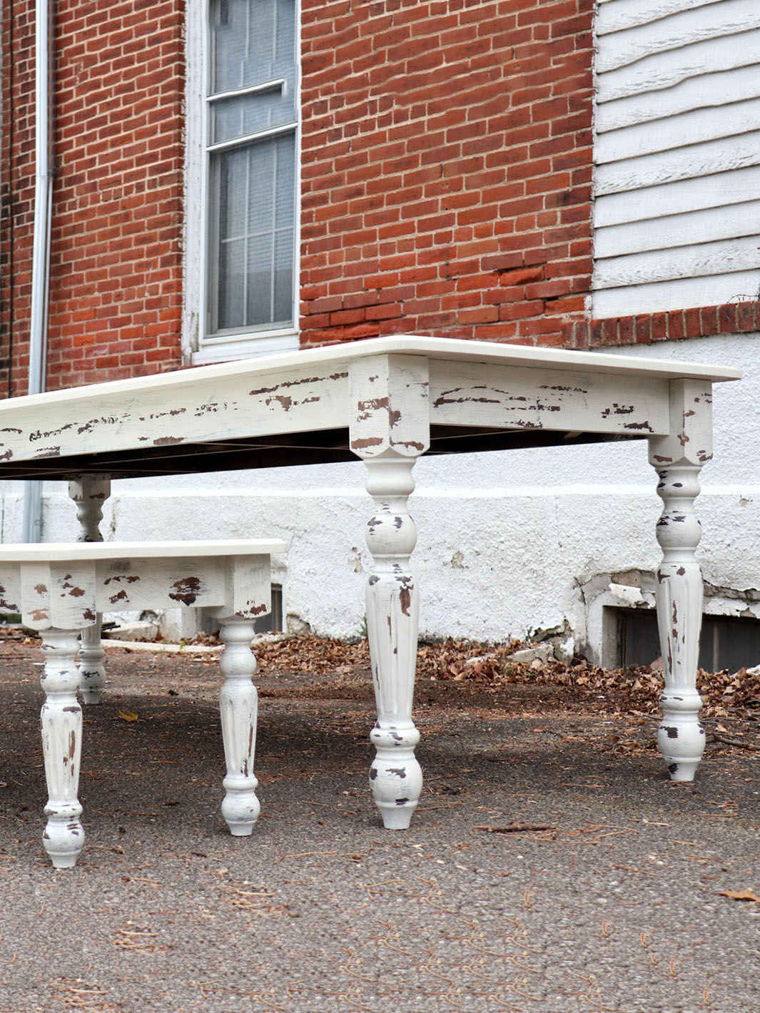 White Farmhouse Dining Table & Bench with Distressed Legs Earthly Comfort Dining Tables ECH1366-4