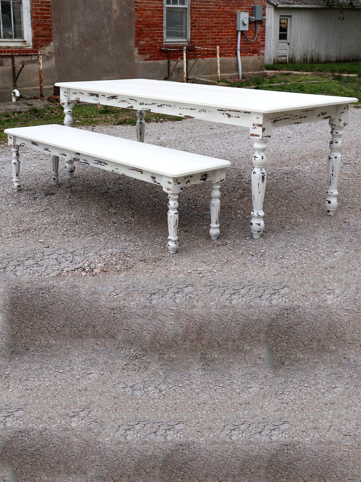 White Farmhouse Dining Table & Bench with Distressed Legs