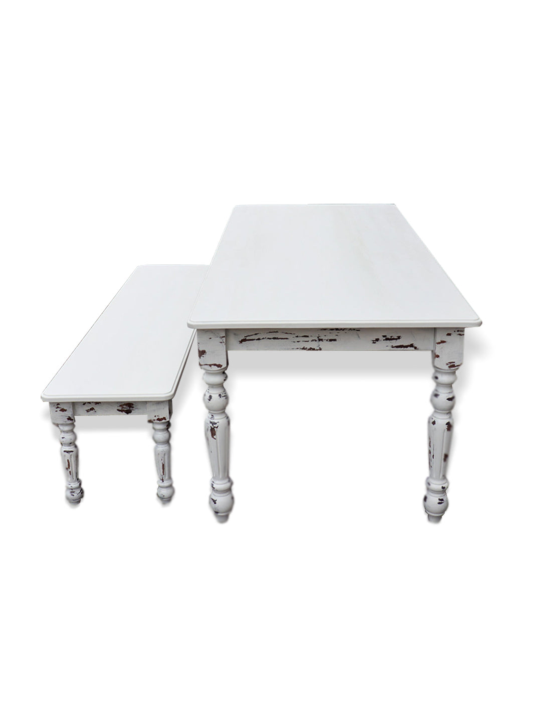 White Farmhouse Dining Table & Bench with Distressed Legs