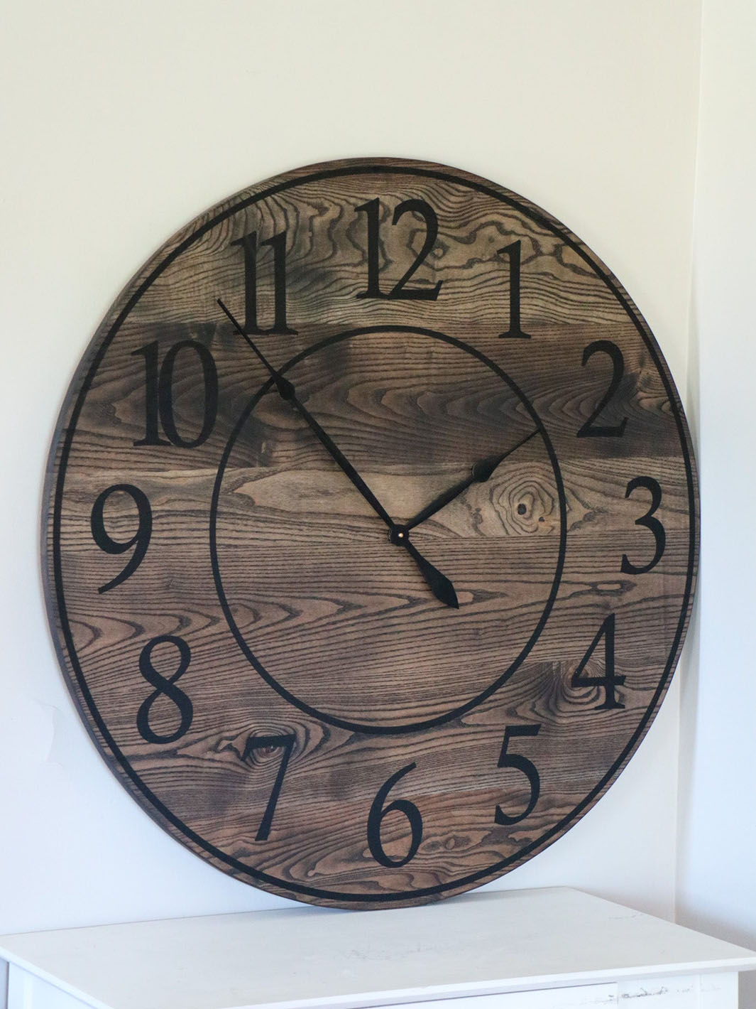 Black Stained Solid Ash Wood Wall Clock with White Roman Numerals Earthly Comfort Clocks ECH1500-3