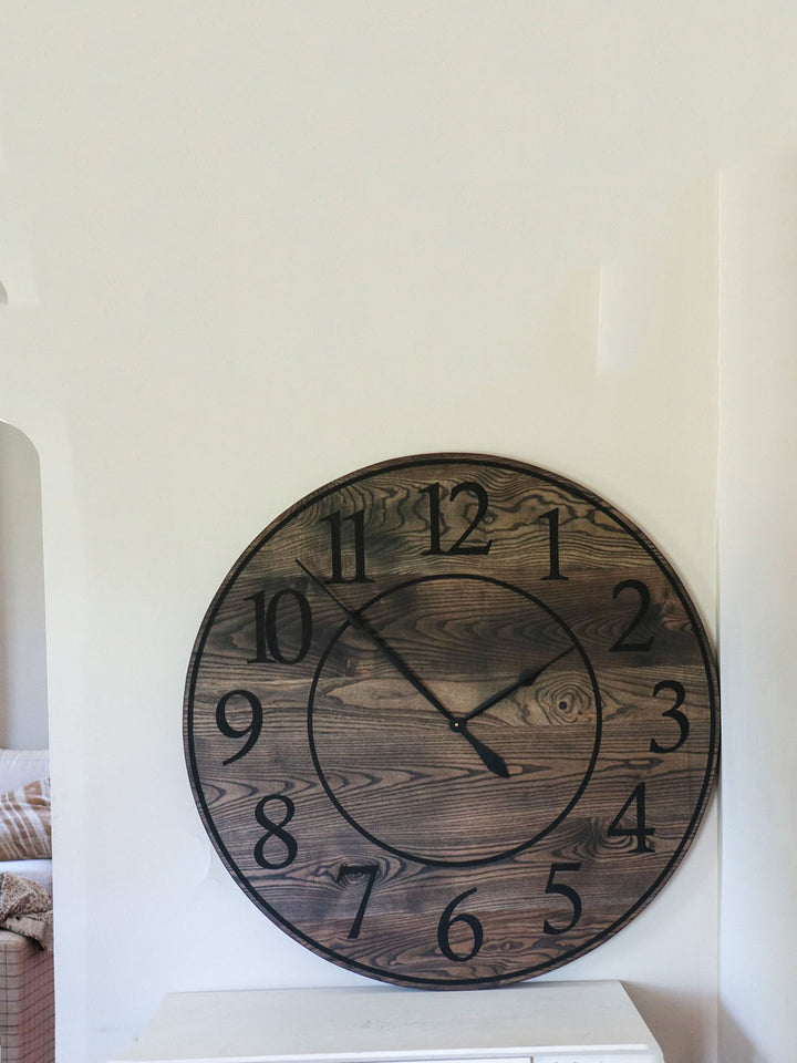 Black Stained Solid Ash Wood Wall Clock with White Roman Numerals Earthly Comfort Clocks ECH1500-4
