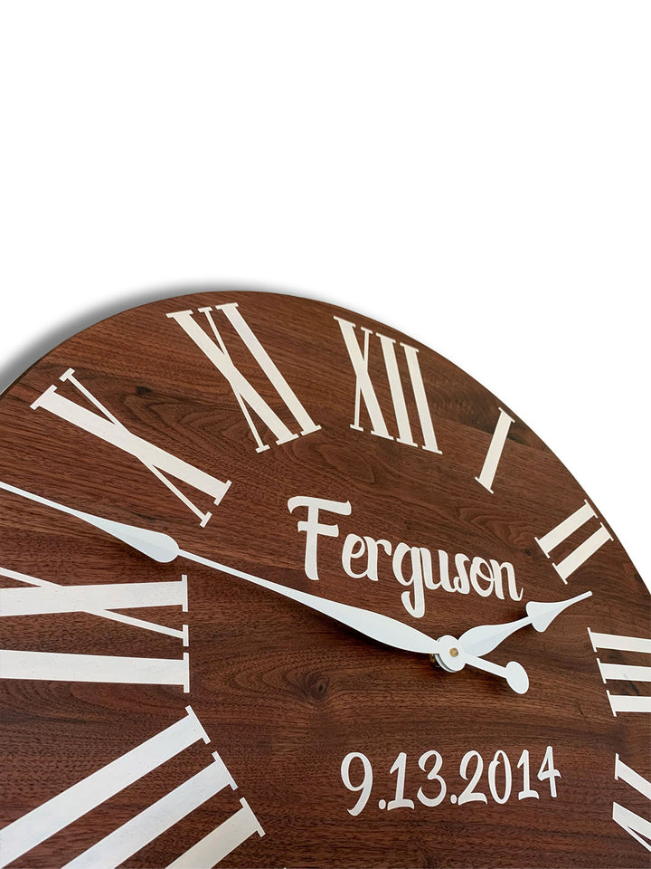 Personalized Solid Walnut Wood Wall Clock with White Numbers Earthly Comfort Clocks ECH1579-1