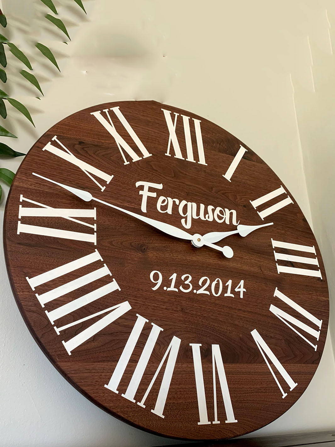 Personalized Solid Walnut Wood Wall Clock with White Numbers Earthly Comfort Clocks ECH1579-3