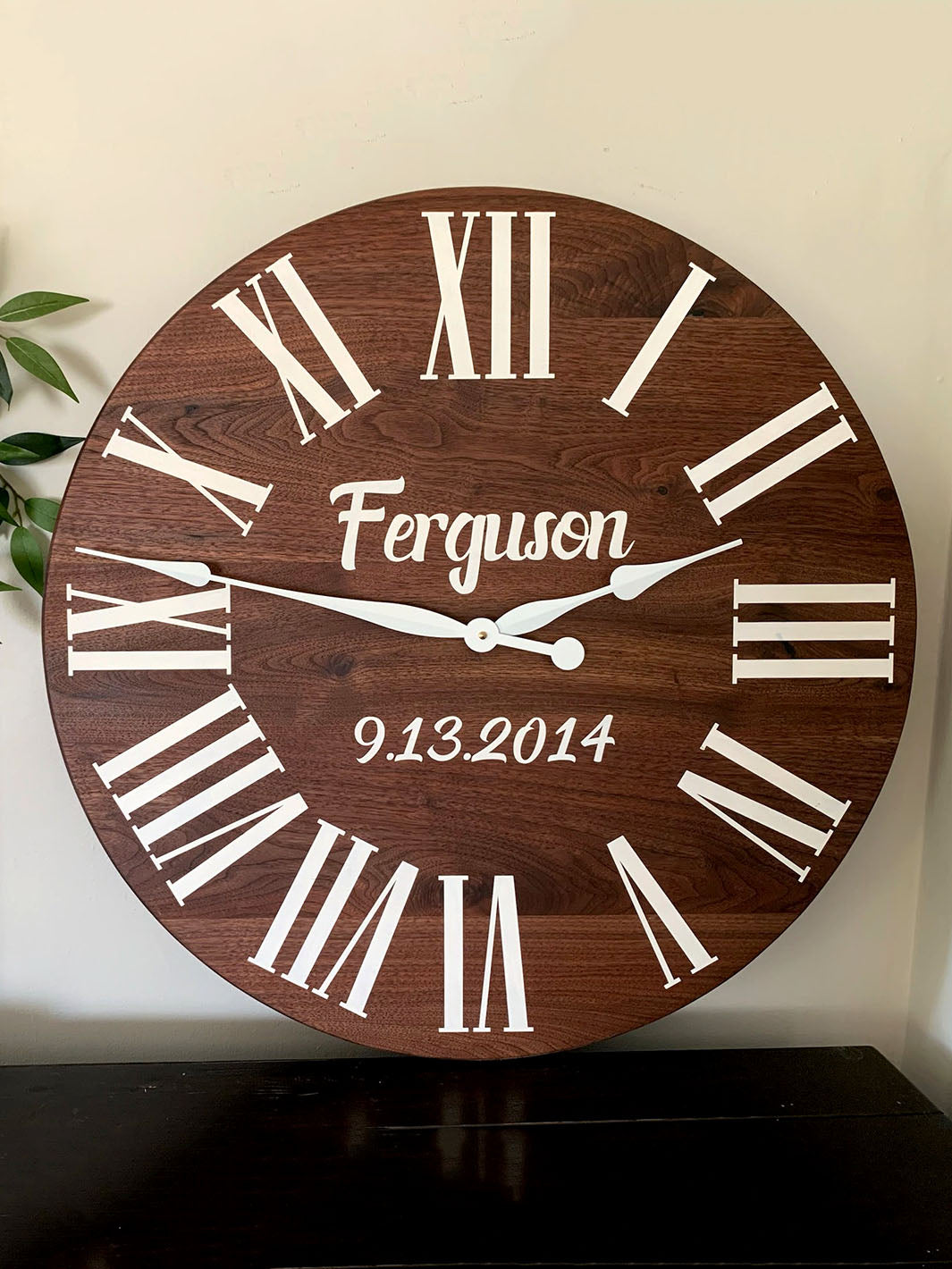 Personalized Solid Walnut Wood Wall Clock with White Numbers Earthly Comfort Clocks ECH1579-4