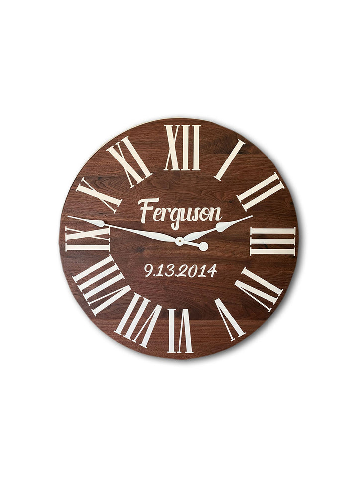 Personalized Solid Walnut Wood Wall Clock with White Numbers Earthly Comfort Clocks ECH1579