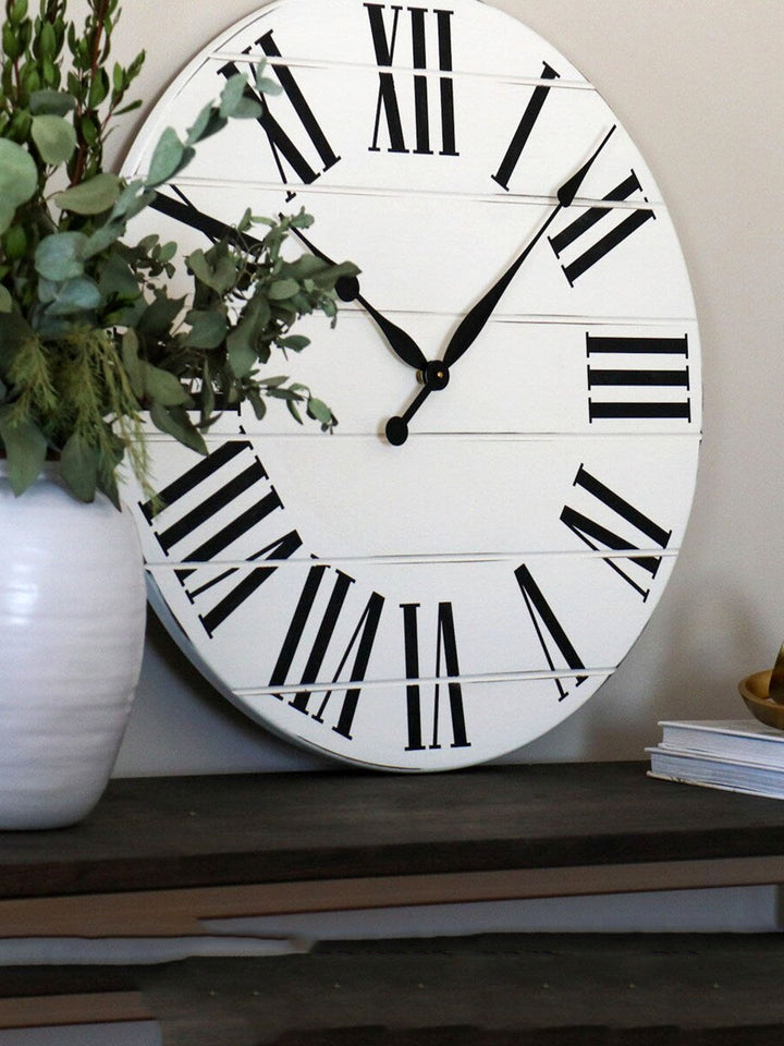 White Lightly Distressed Wooden Farmhouse Wall Clock Earthly Comfort Clocks ECH2112-2