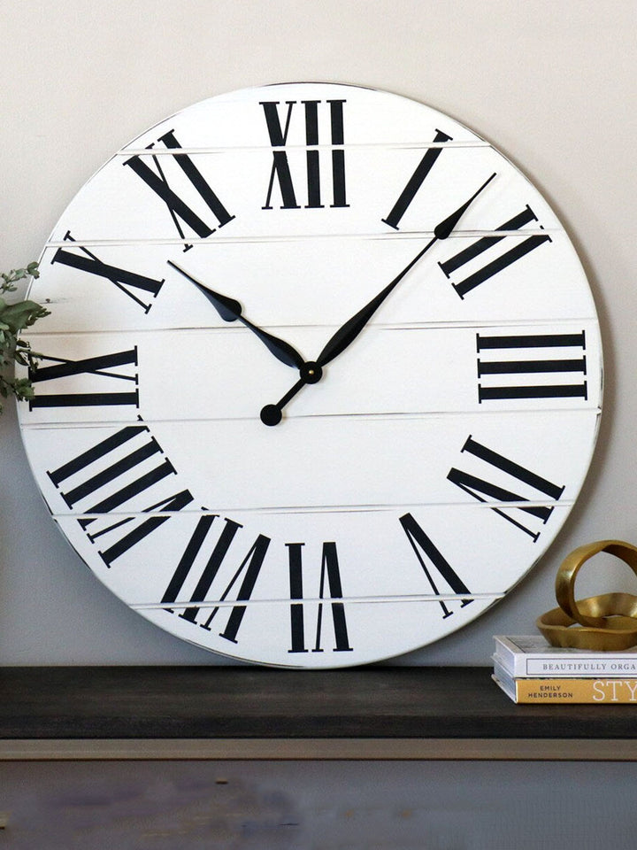 White Lightly Distressed Wooden Farmhouse Wall Clock Earthly Comfort Clocks ECH2112-3