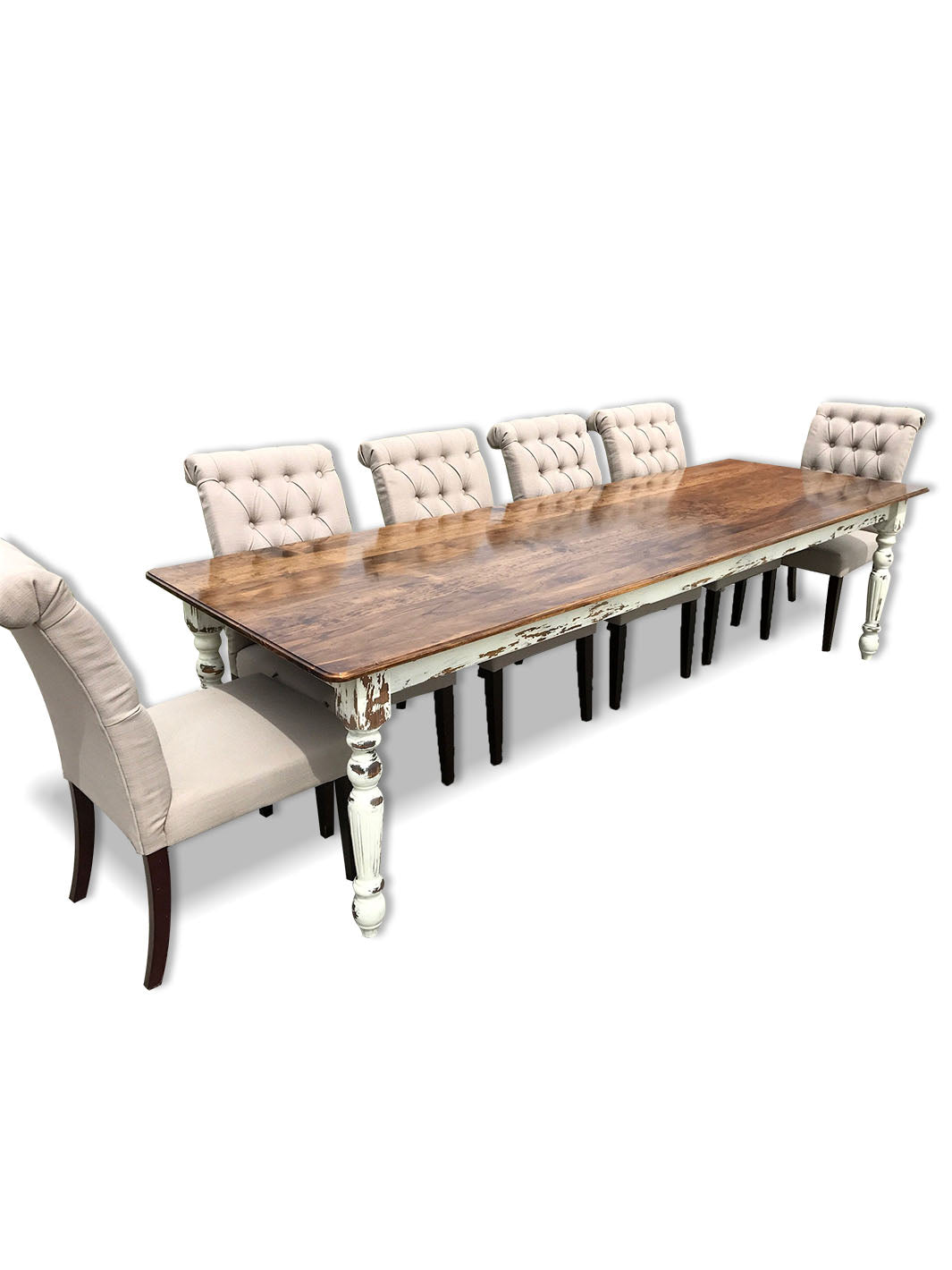 Farmhouse Dining Table with White Distressed Legs and Stained Pine Top Earthly Comfort Dining Tables 513