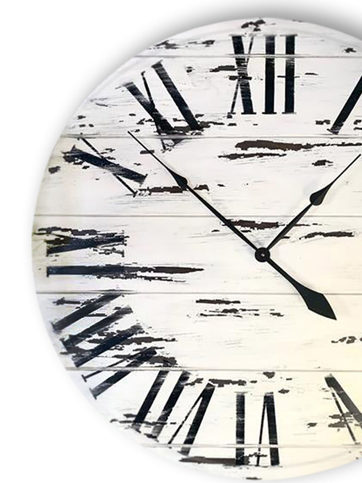 Farmhouse Style Large White Distressed Wall Clock with Black Roman Numerals Earthly Comfort Clocks 465-1