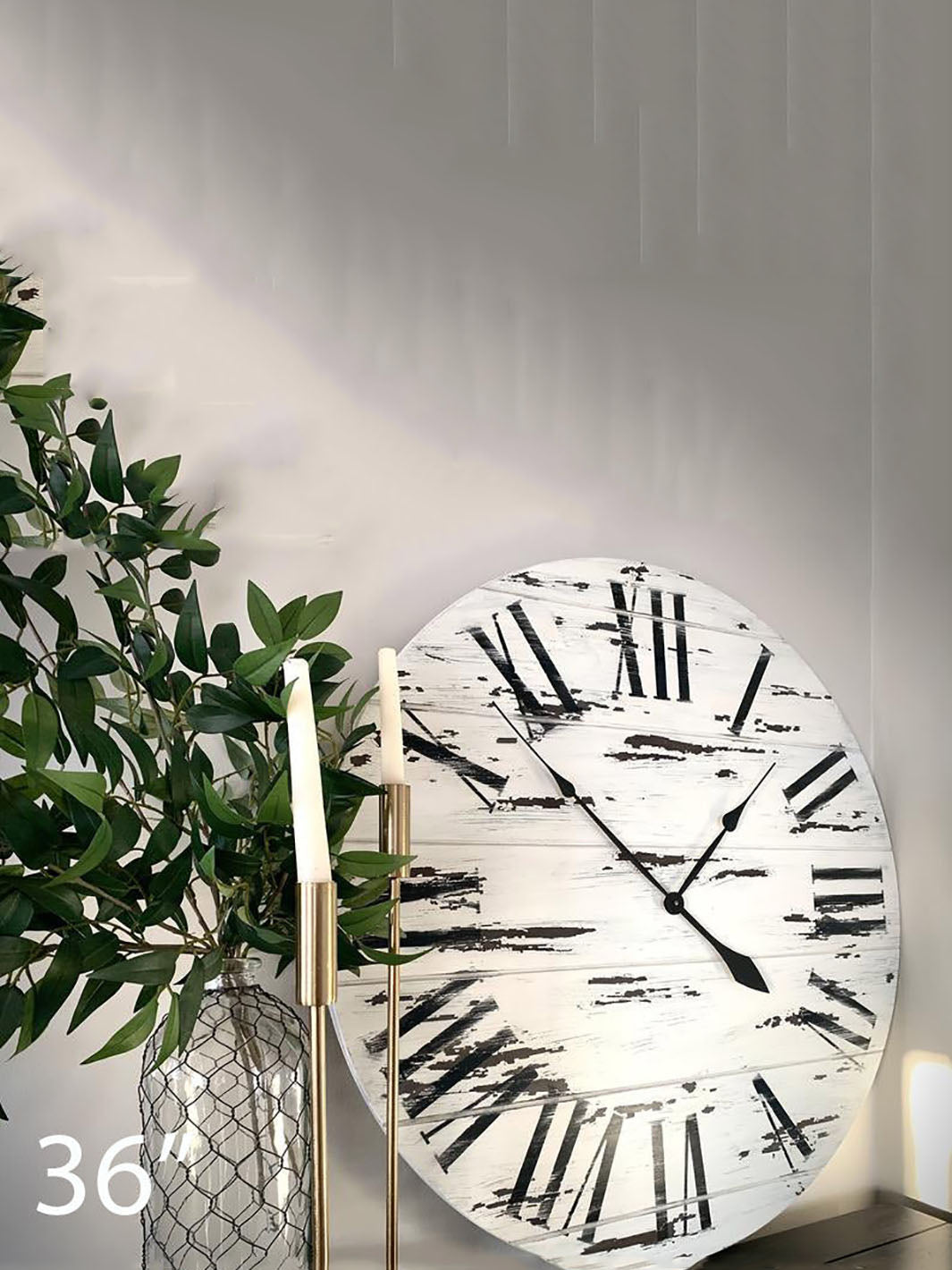 Farmhouse Style Large White Distressed Wall Clock with Black Roman Numerals Earthly Comfort Clocks 465-11