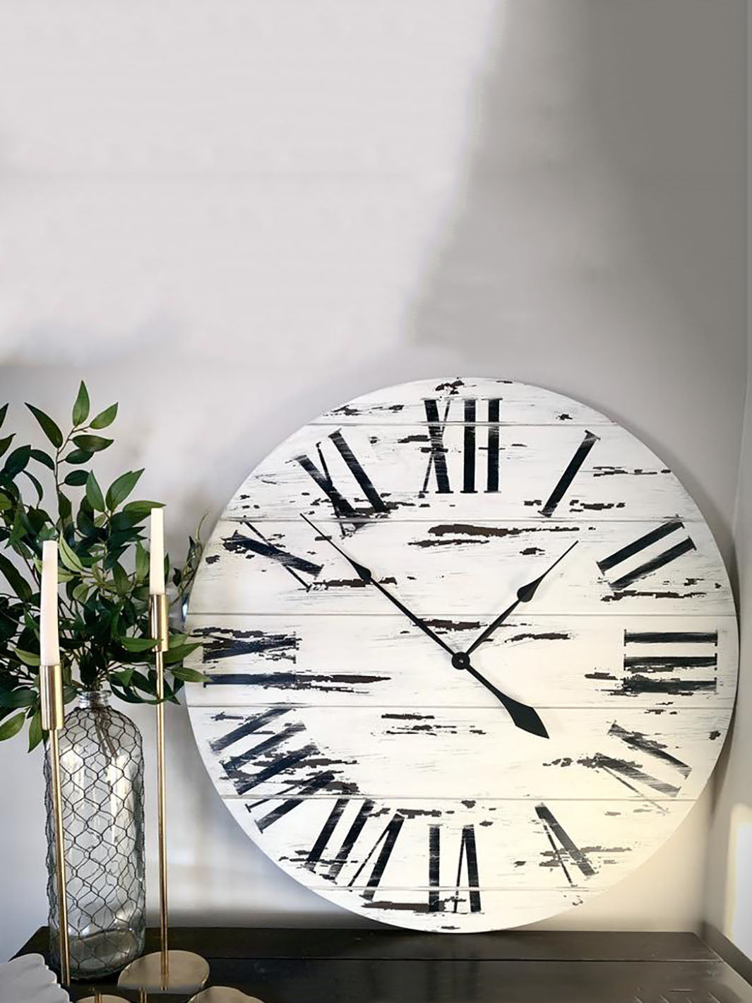 Farmhouse Style Large White Distressed Wall Clock with Black Roman Numerals Earthly Comfort Clocks 465-7