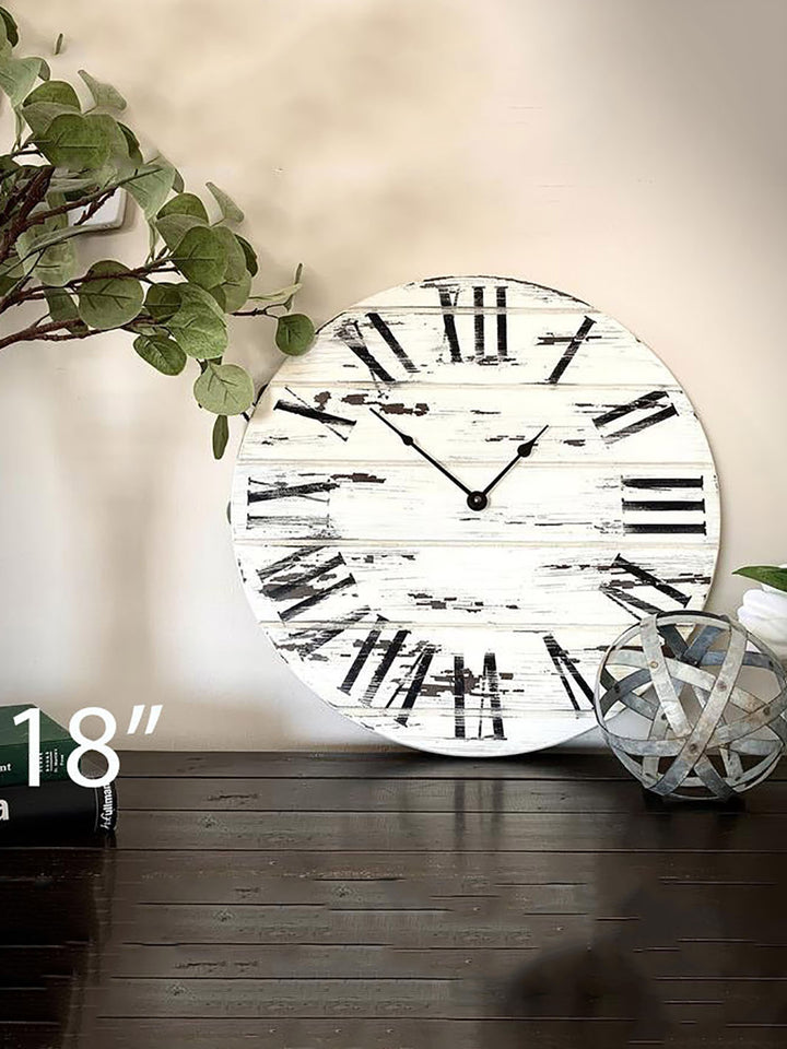 Farmhouse Style Large White Distressed Wall Clock with Black Roman Numerals Earthly Comfort Clocks 465-8