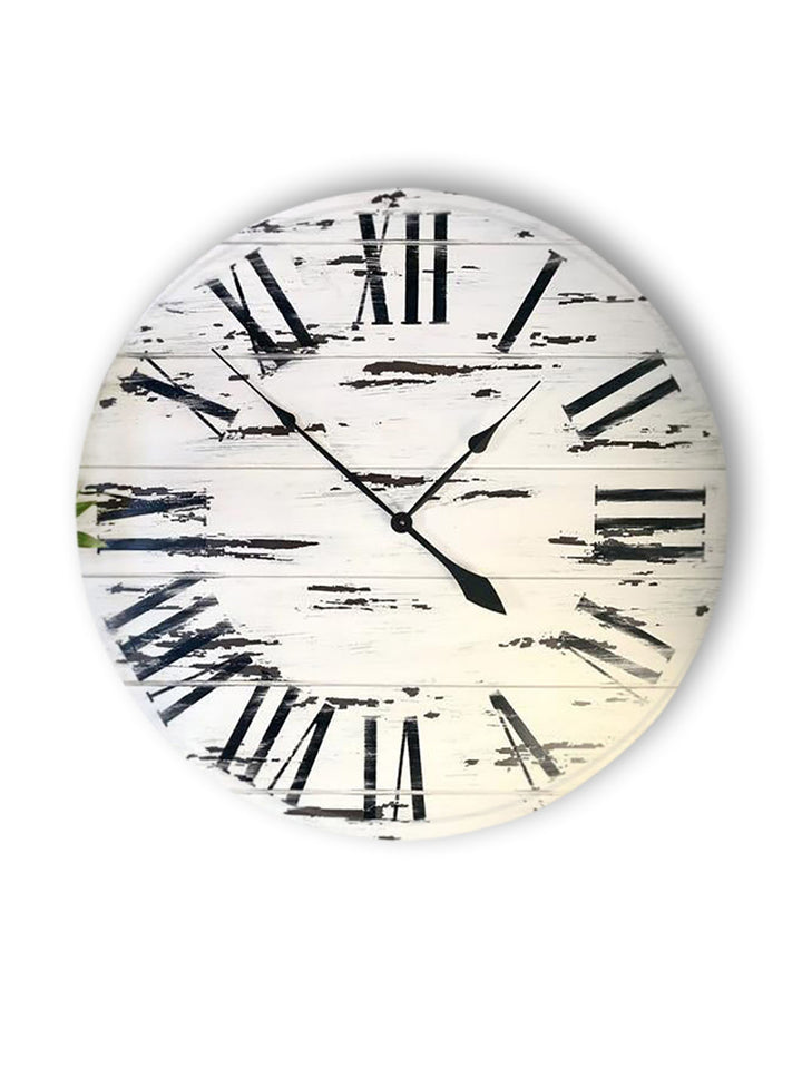 Farmhouse Style Large White Distressed Wall Clock with Black Roman Numerals Earthly Comfort Clocks 465