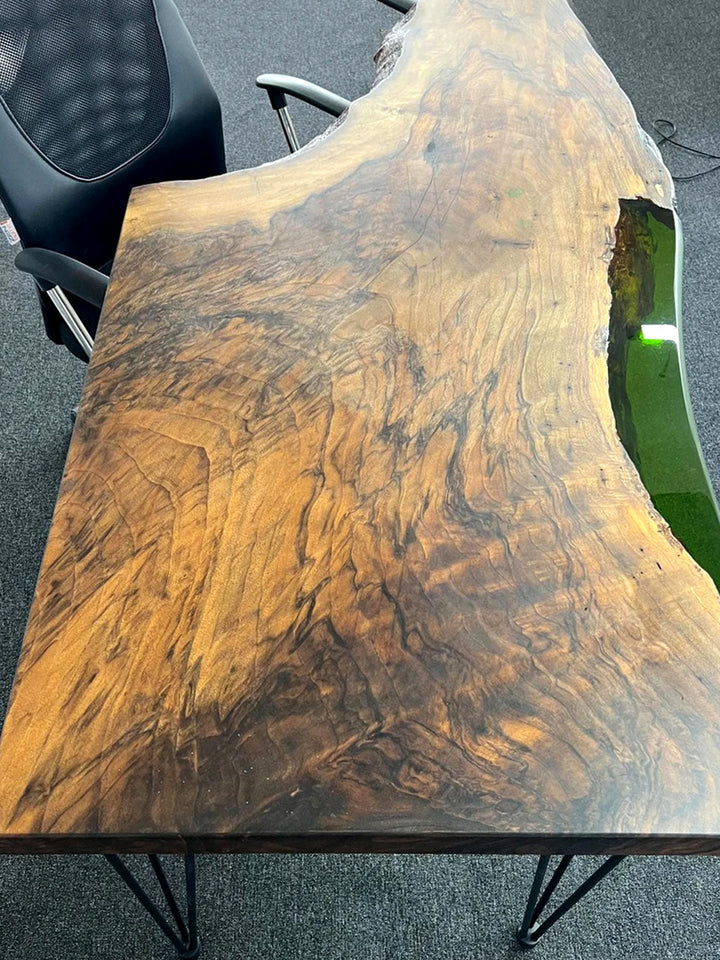 Handcrafted Walnut Green Epoxy Writing & Computer Rustic Office Desk w/ Metal Legs