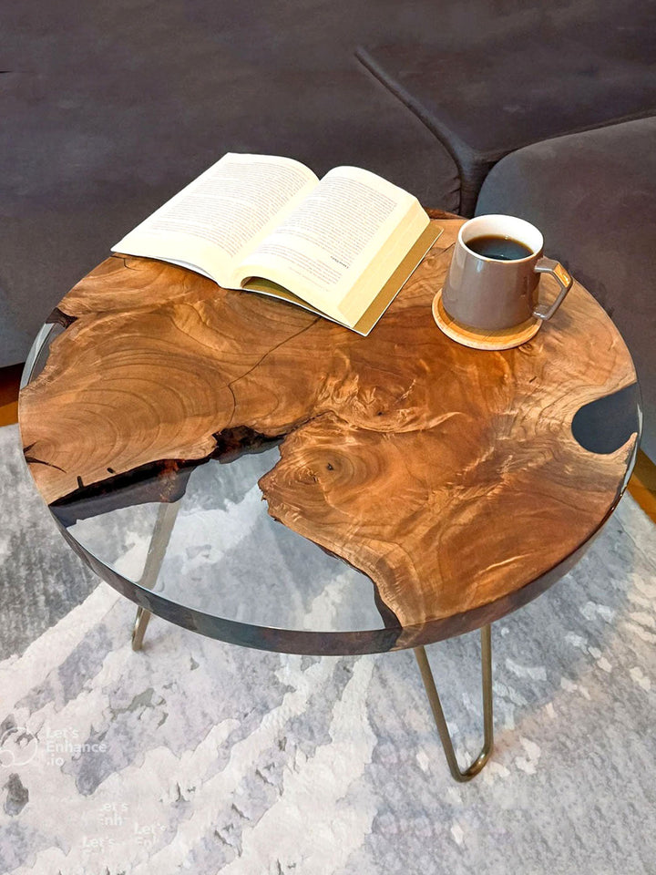 Walnut Clear Epoxy Resin Rounded Live Edge Coffee Table 23.5"