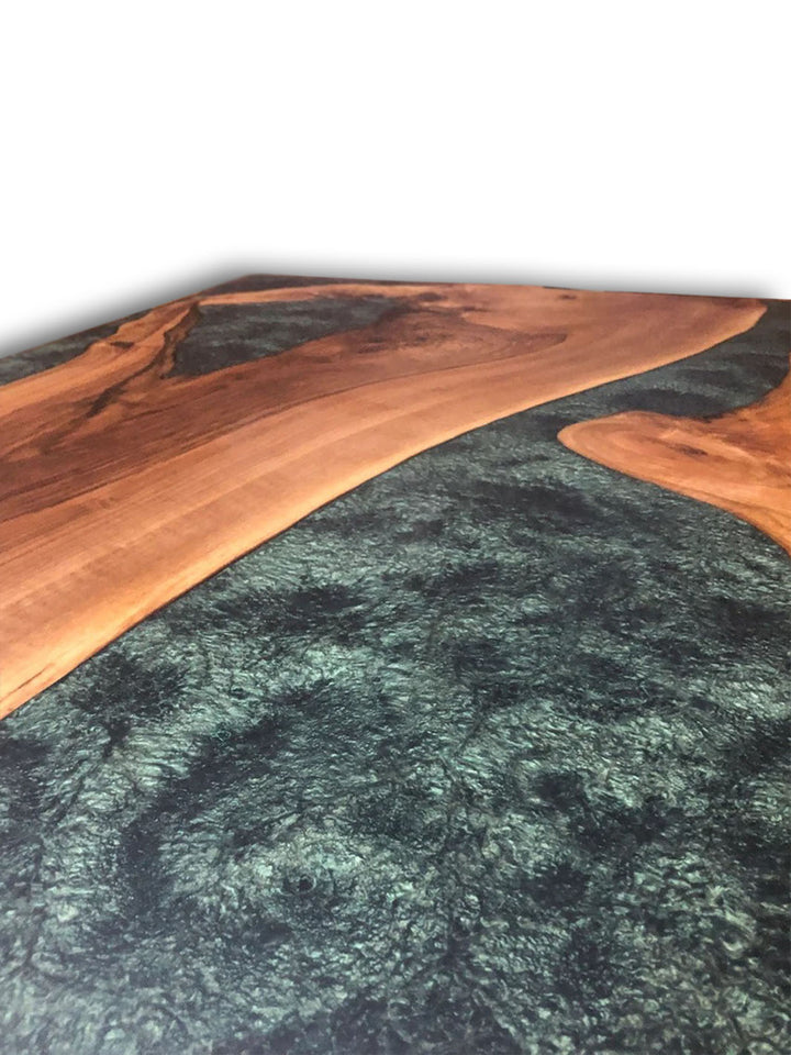 Black Walnut Live Edge Epoxy River Dining Table with Green and Black Resin Harden Tables HWC-0534-1