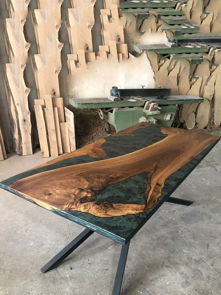 Black Walnut Live Edge Epoxy River Dining Table with Green and Black Resin Harden Tables HWC-0534-2