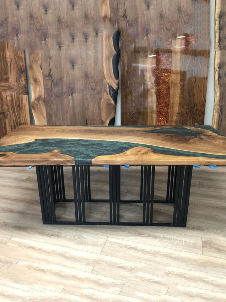 Black Walnut Live Edge Epoxy River Dining Table with Green and Black Resin Harden Tables HWC-0534-5