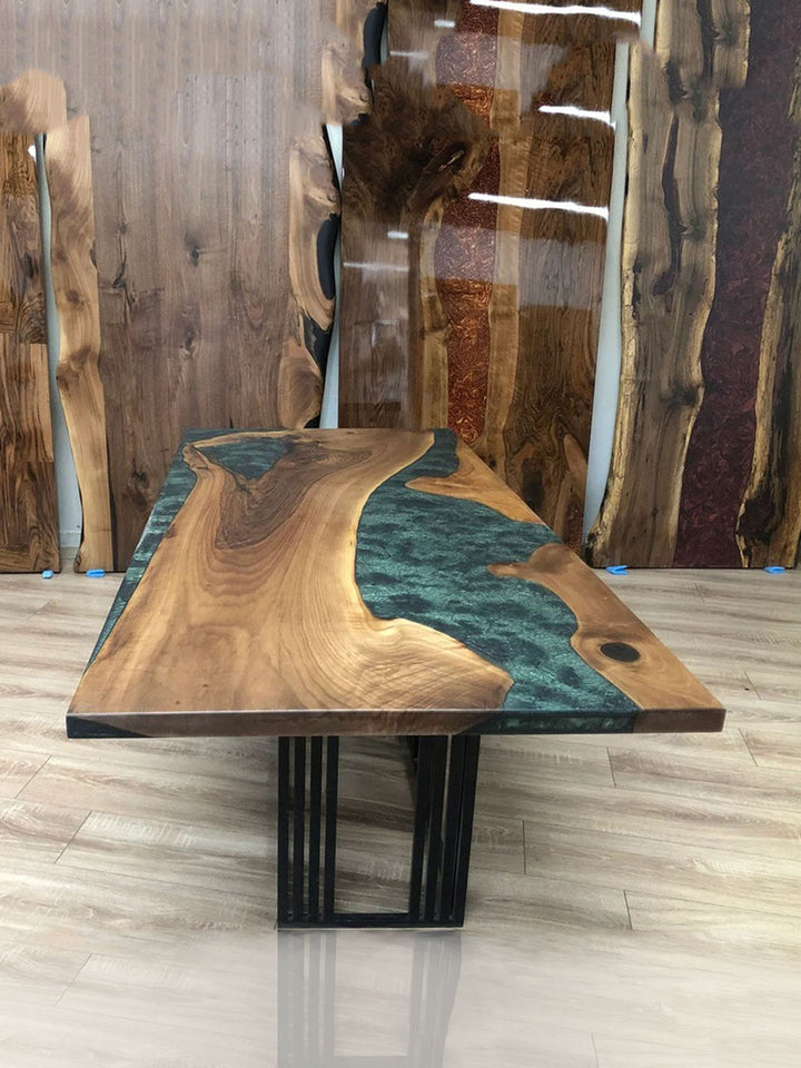 Black Walnut Live Edge Epoxy River Dining Table with Green and Black Resin Harden Tables HWC-0534-6