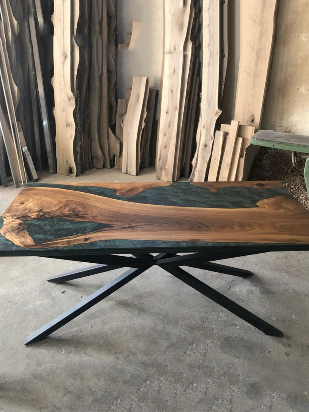 Black Walnut Live Edge Epoxy River Dining Table with Green and Black Resin Harden Tables HWC-0534-7