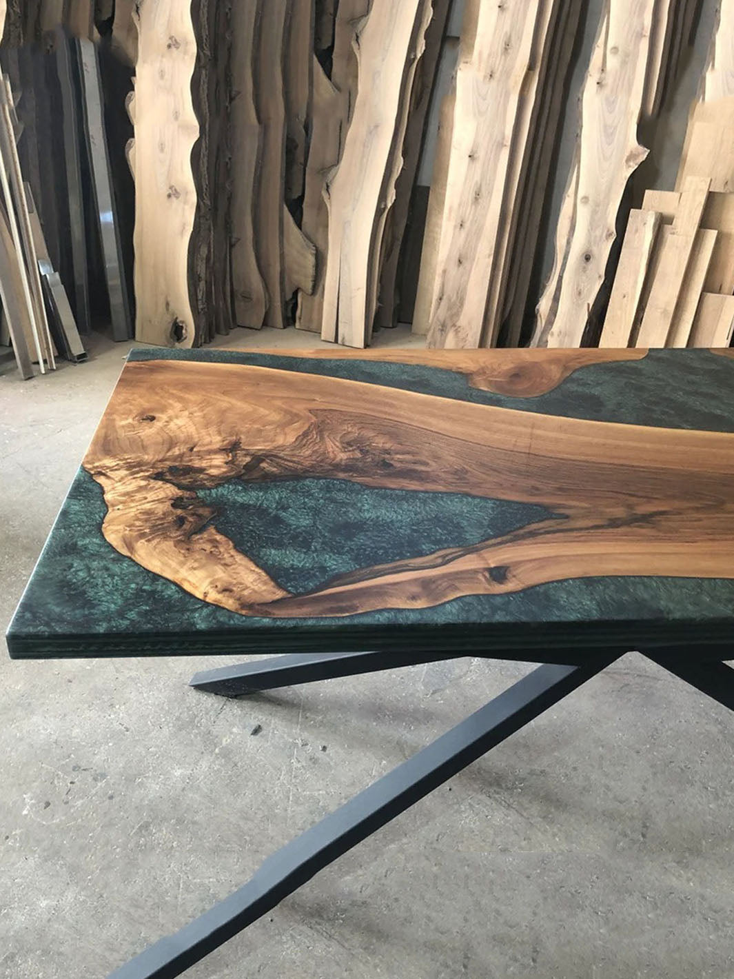 Black Walnut Live Edge Epoxy River Dining Table with Green and Black Resin Harden Tables HWC-0534-8