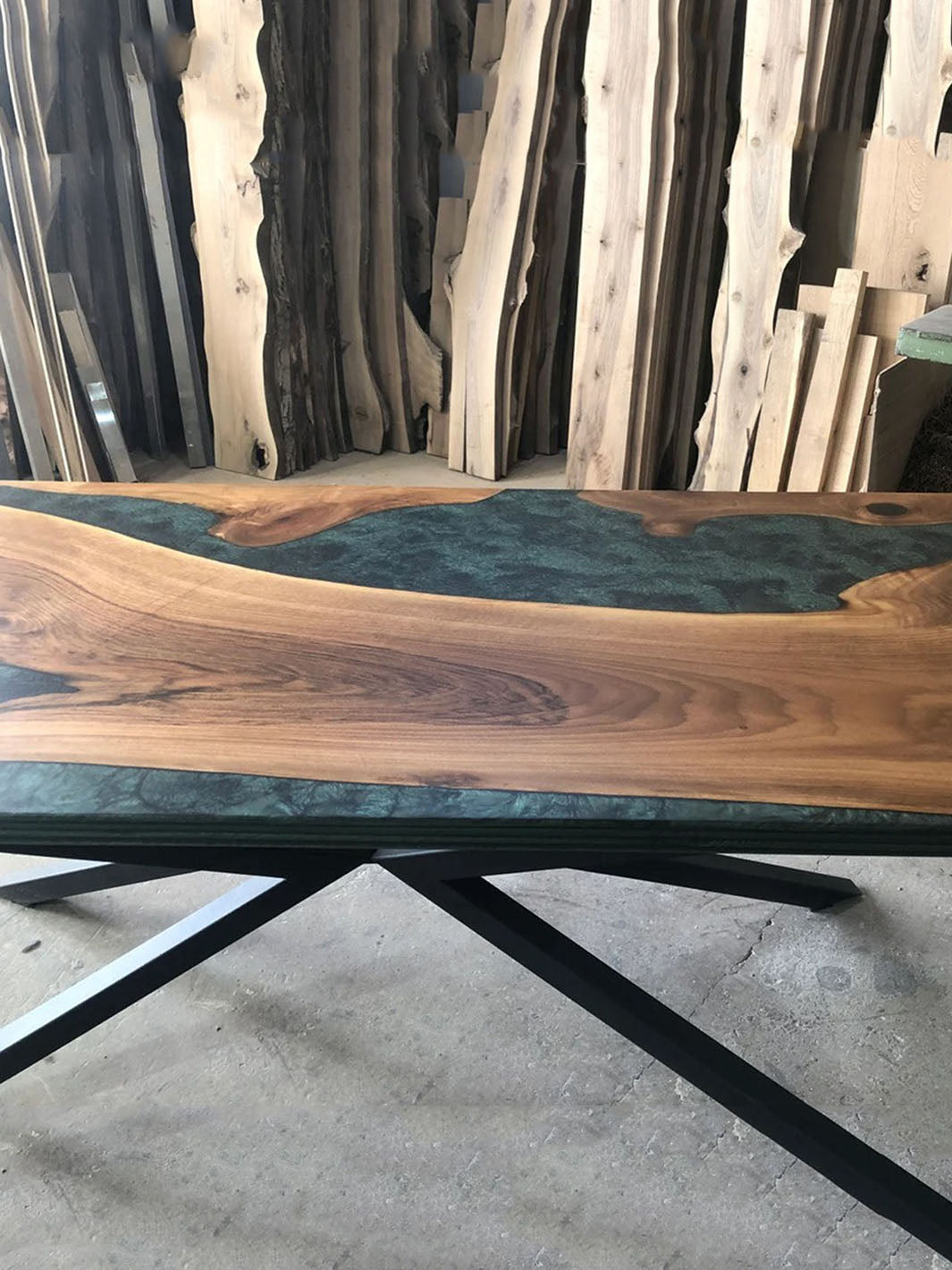 Black Walnut Live Edge Epoxy River Dining Table with Green and Black Resin Harden Tables HWC-0534-9