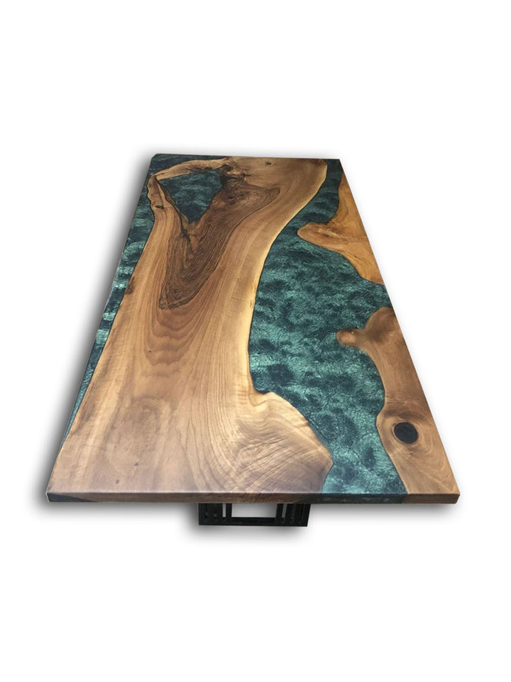 Black Walnut Live Edge Epoxy River Dining Table with Green and Black Resin Harden Tables HWC-0534