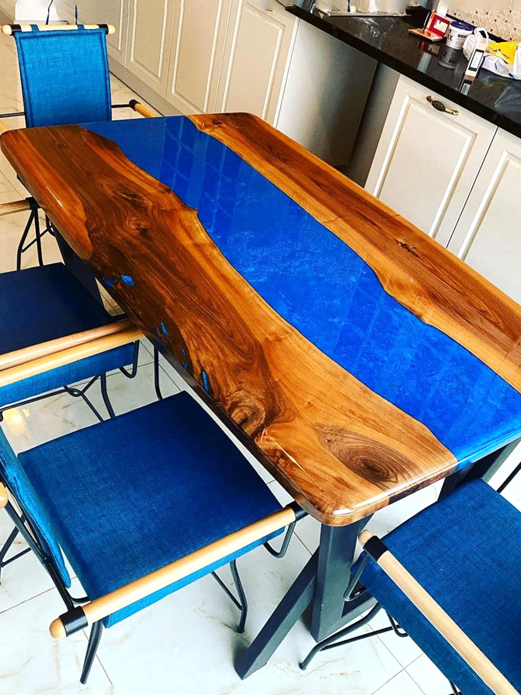 Handcrafted Walnut Blue Epoxy River Resin Dining Table