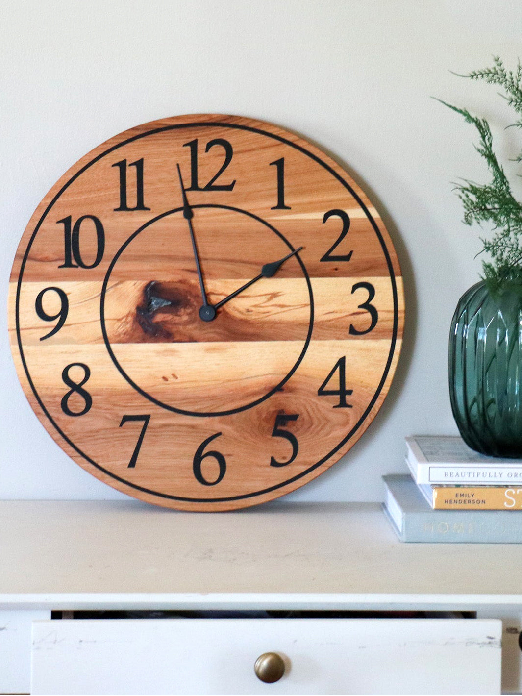 Solid Hickory Wood Wall Clock with Numbers and Lines Earthly Comfort Clocks 590
