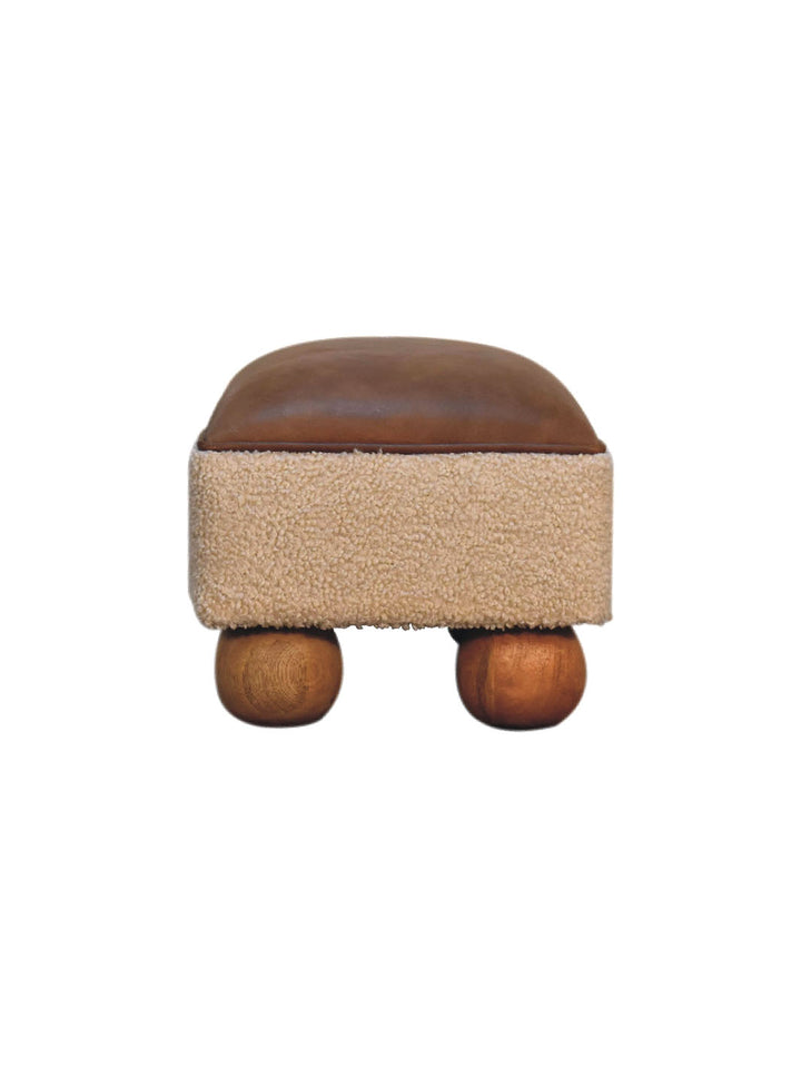 Tan Buffalo Leather Boucle Footstool with Ball Feet Artisan Furniture  IN3498-5