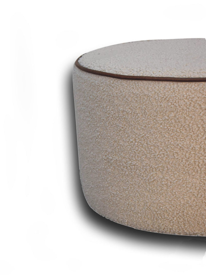 Boucle Round Footstool with Bufallo Leather Piping Artisan Furniture  IN3503-1