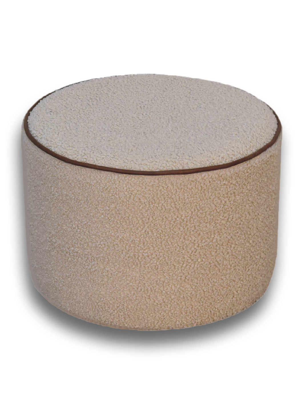 Boucle Round Footstool with Bufallo Leather Piping Artisan Furniture  IN3503