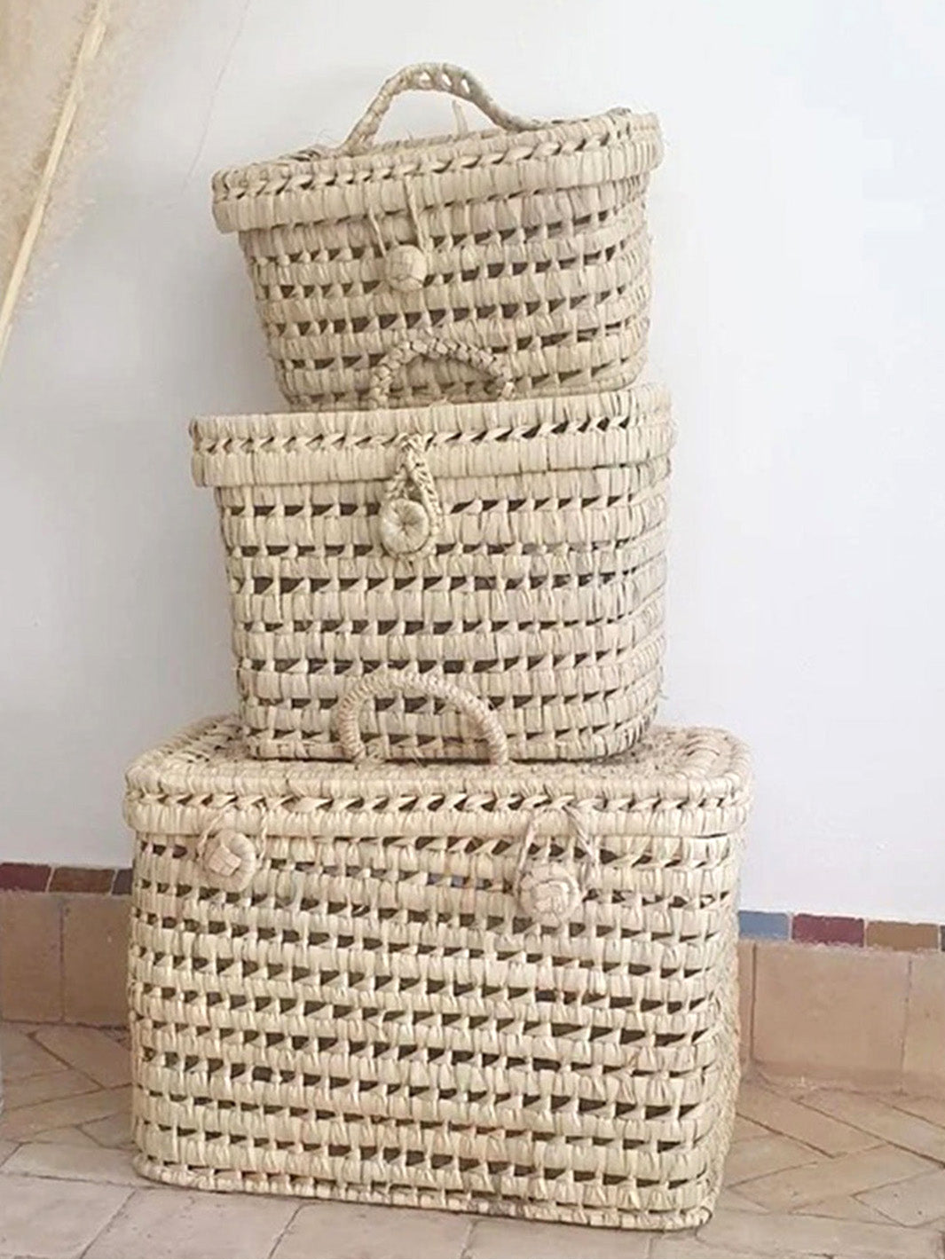 Handcrafted Trio Palm Leaf Wicker Storage Basket