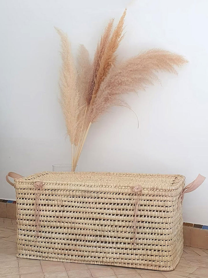 Handcrafted Wicker Palm Leaf Storage Trunk | Rattan Ottoman Storage Box with Lid Libitii Baskets LIB-0014-4