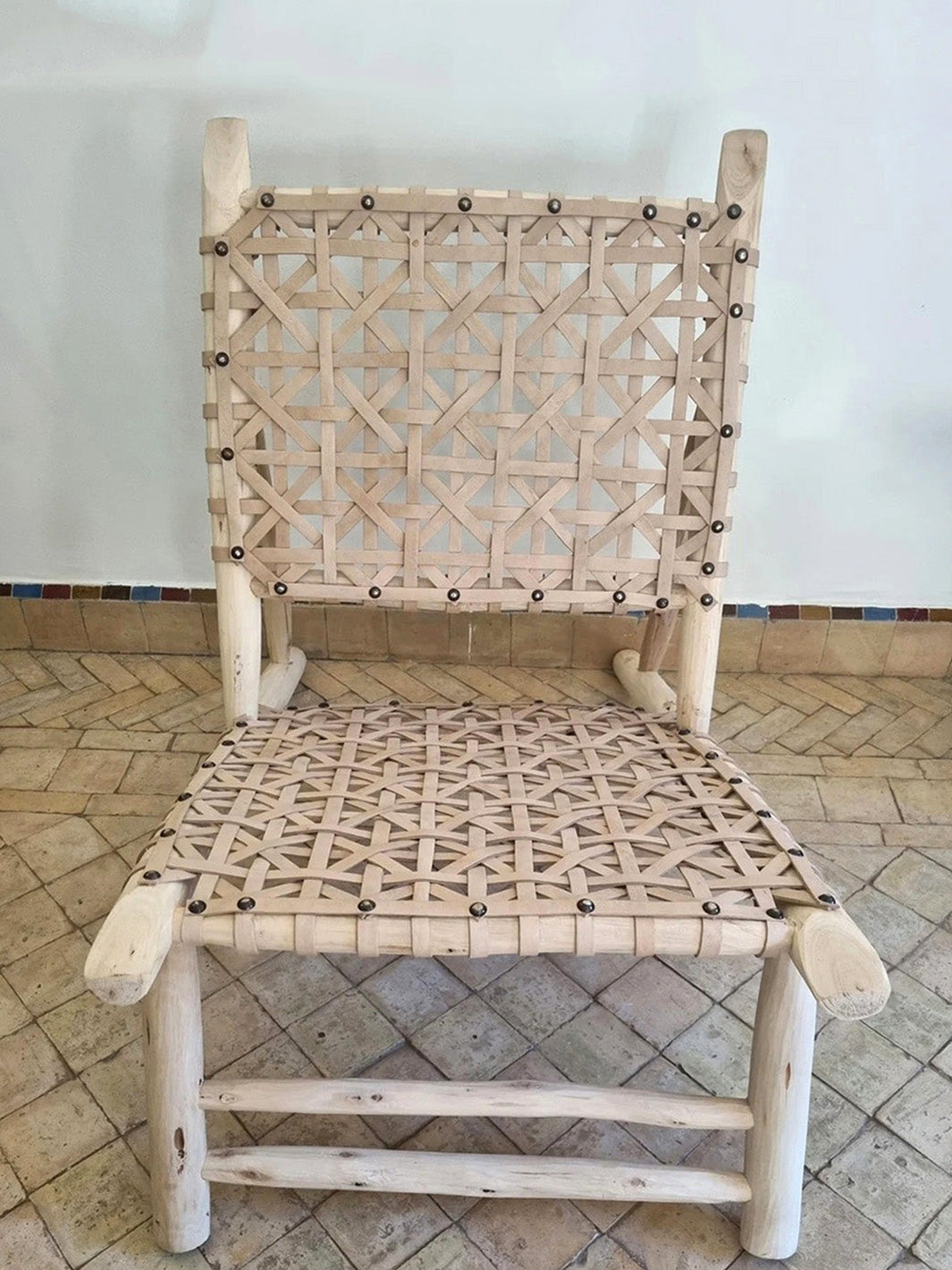 Handcrafted Moroccan Wood Seated Fine Natural Leather Armchair Libitii Chairs LIB-0025-4