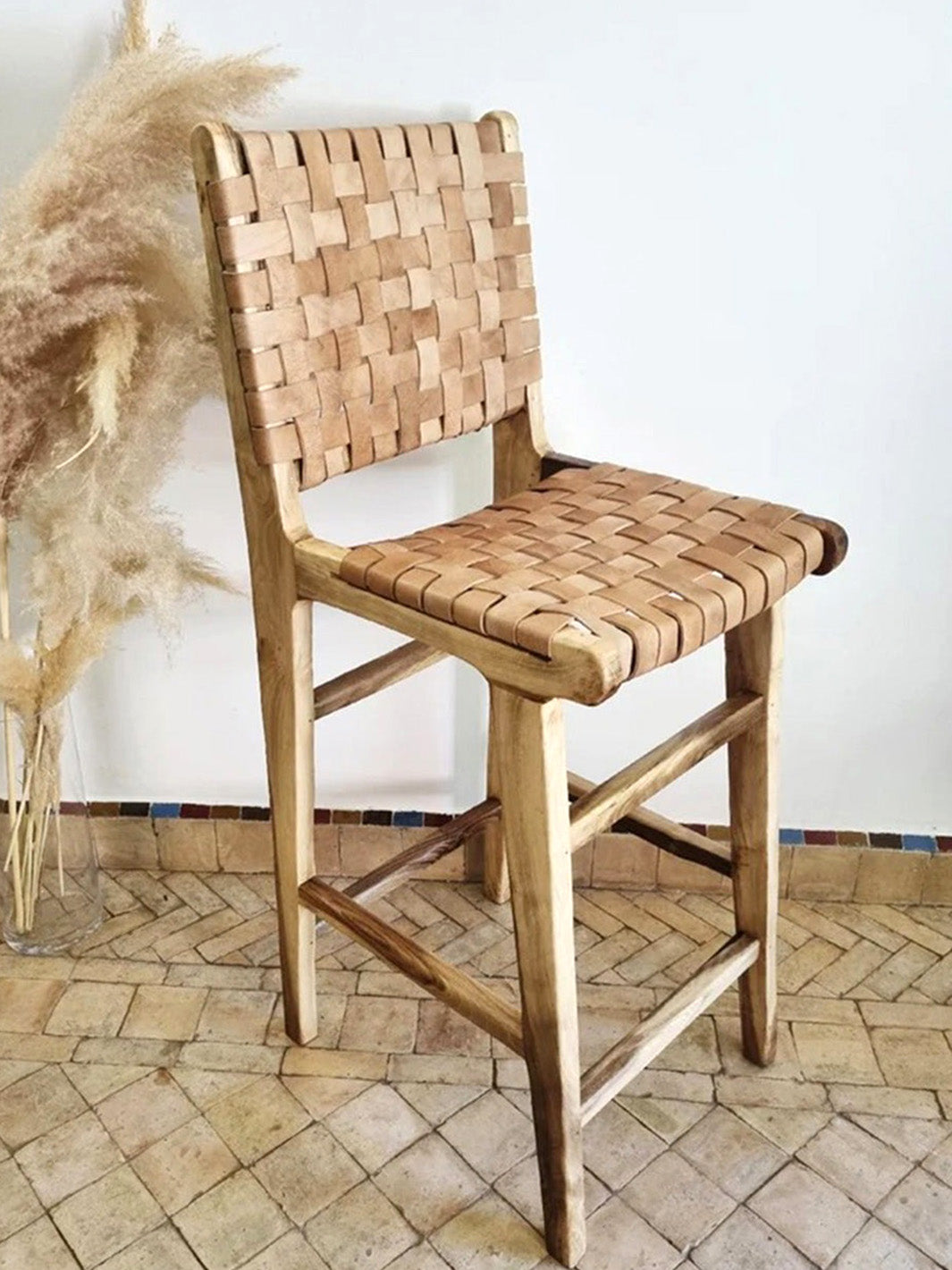 Moroccan Boho Wood Leather Counter Stool