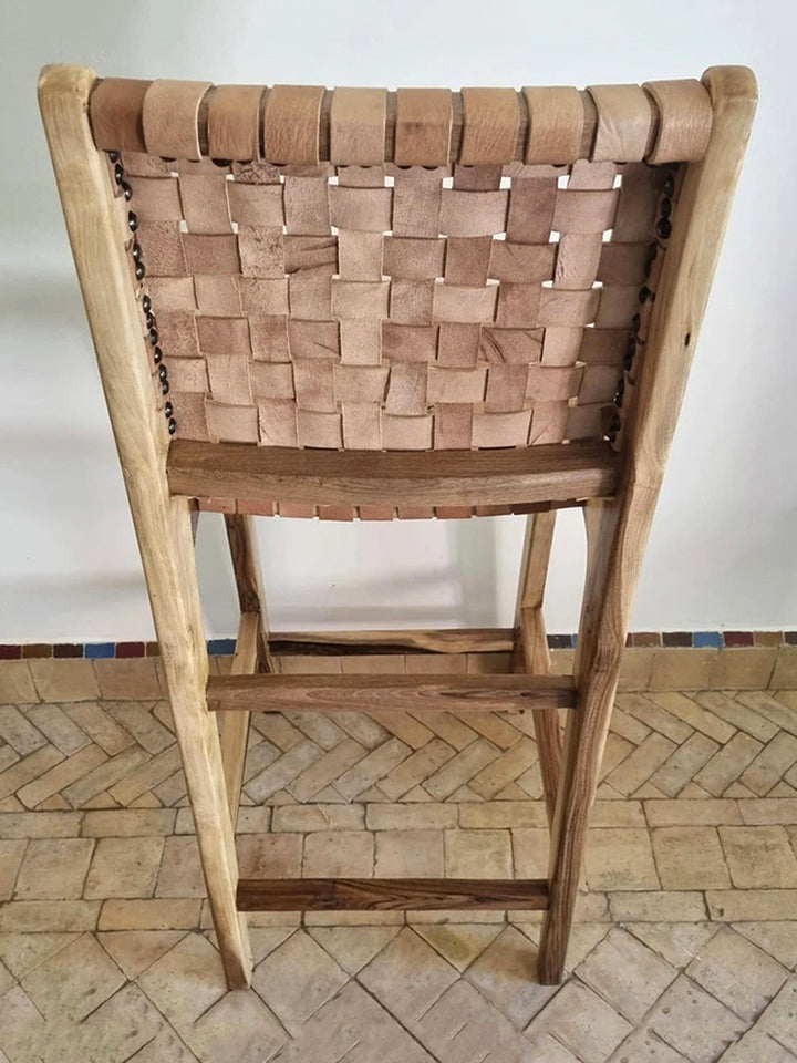 Moroccan Boho Wood Leather Counter Stool