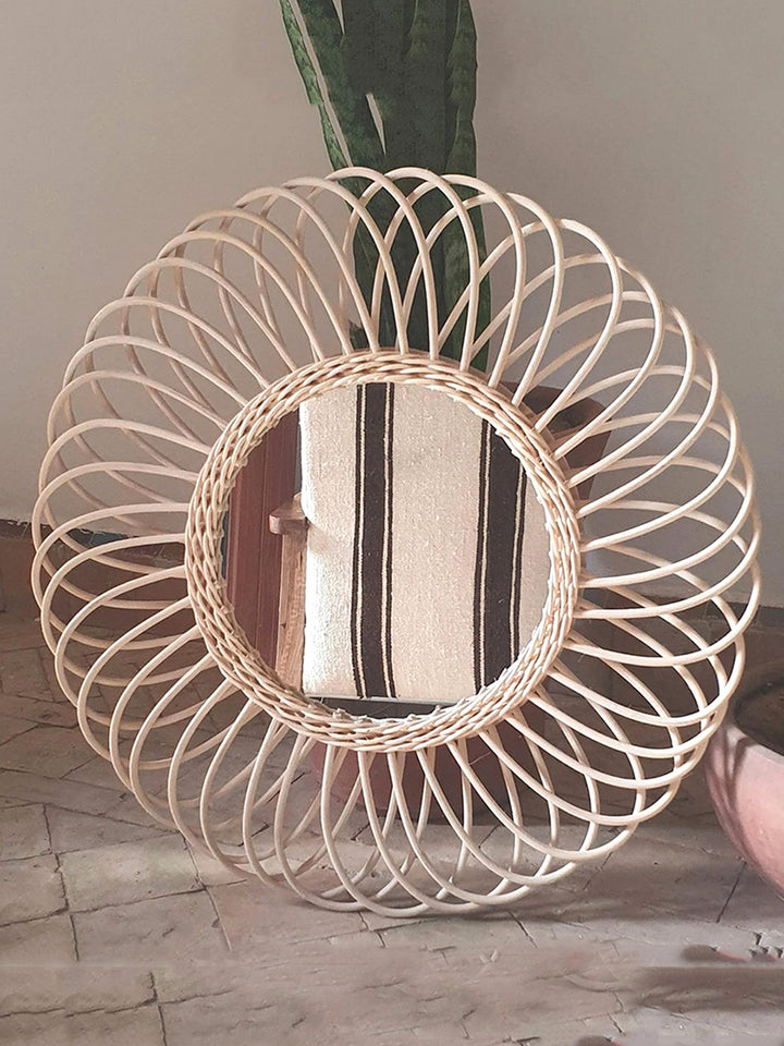 Handcrafted Rattan Rounded Wall Mirror w/ Flower Decoration