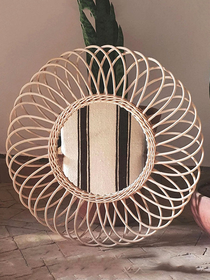 Handcrafted Rattan Rounded Wall Mirror w/ Flower Decoration